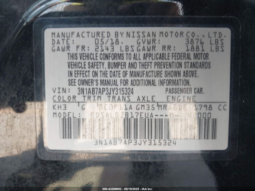 2018 Nissan Sentra S VIN: 3N1AB7AP3JY315324 Lot: 43266892