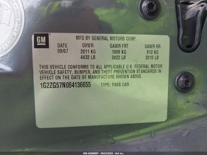 2008 Pontiac G6 VIN: 1G2ZG57N084136655 Lot: 43266897