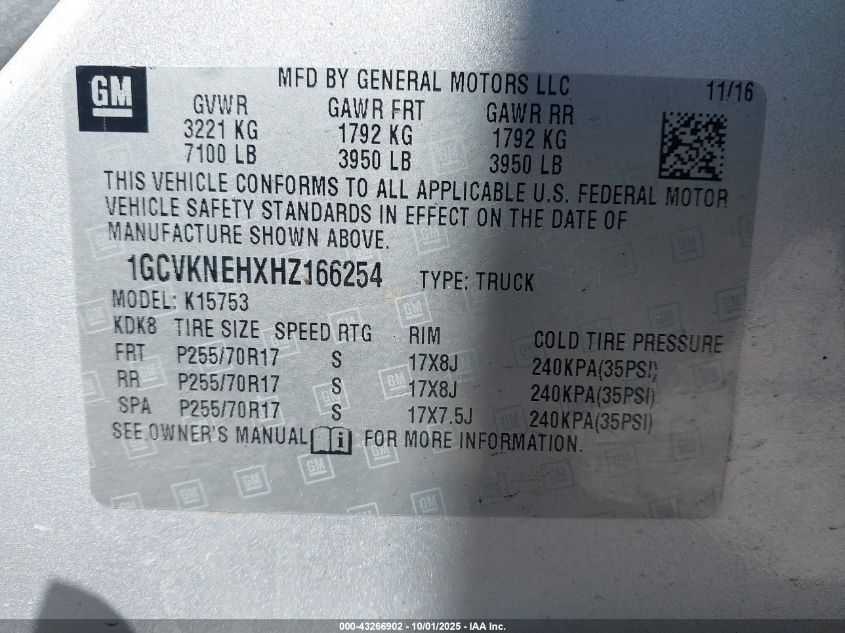 2017 Chevrolet Silverado K1500/K1500 Ls VIN: 1GCVKNEHXHZ166254 Lot: 43266902