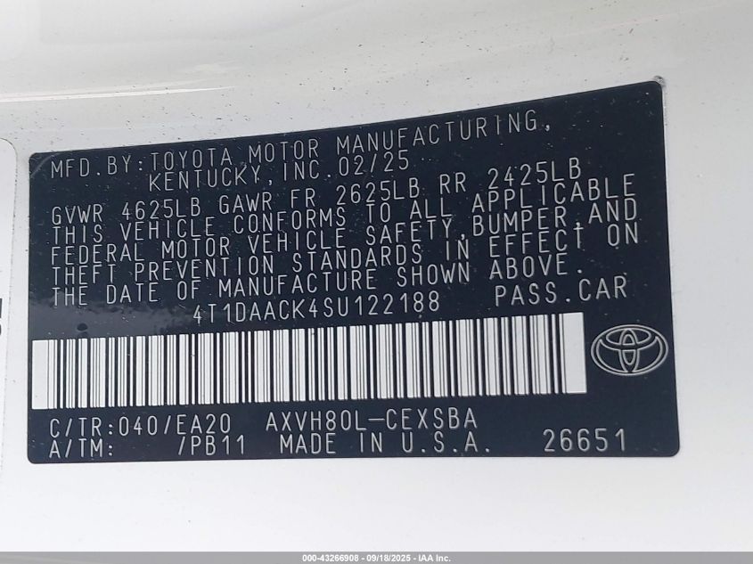 2025 Toyota Camry Se VIN: 4T1DAACK4SU122188 Lot: 43266908