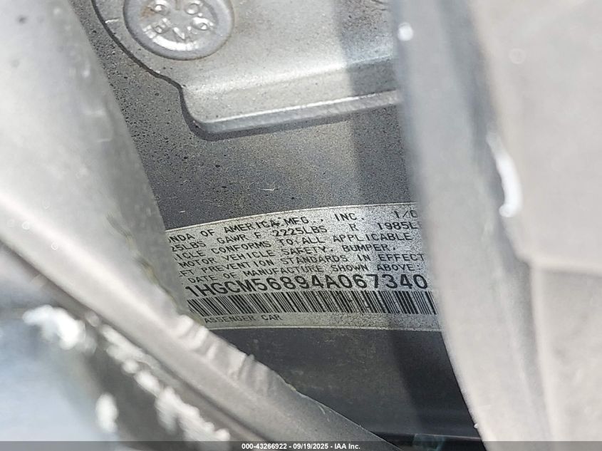 2004 Honda Accord 2.4 Ex VIN: 1HGCM56894A067340 Lot: 43266922