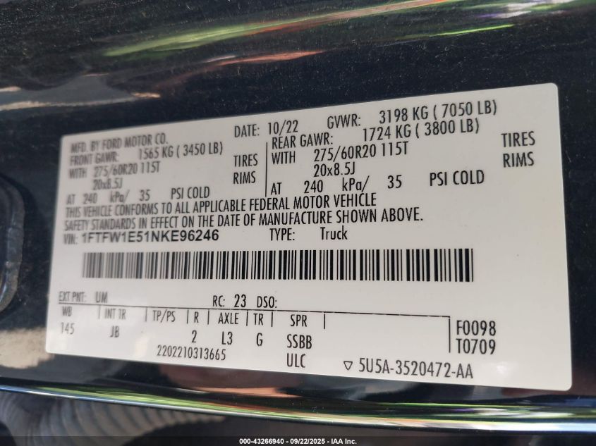 2022 Ford F-150 Xl VIN: 1FTFW1E51NKE96246 Lot: 43266940