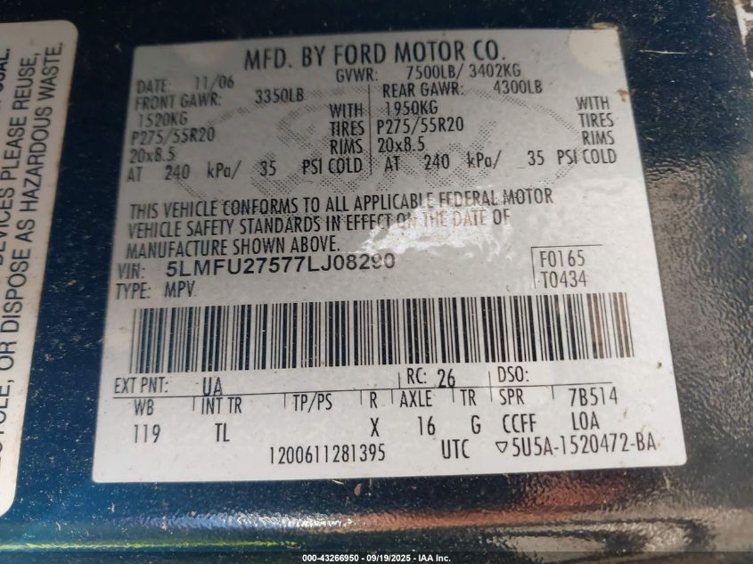 2007 Lincoln Navigator Ultimate VIN: 5LMFU27577LJ08290 Lot: 43266950