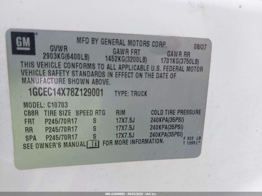 2008 Chevrolet Silverado 1500 Work Truck VIN: 1GCEC14X78Z129001 Lot: 43266965