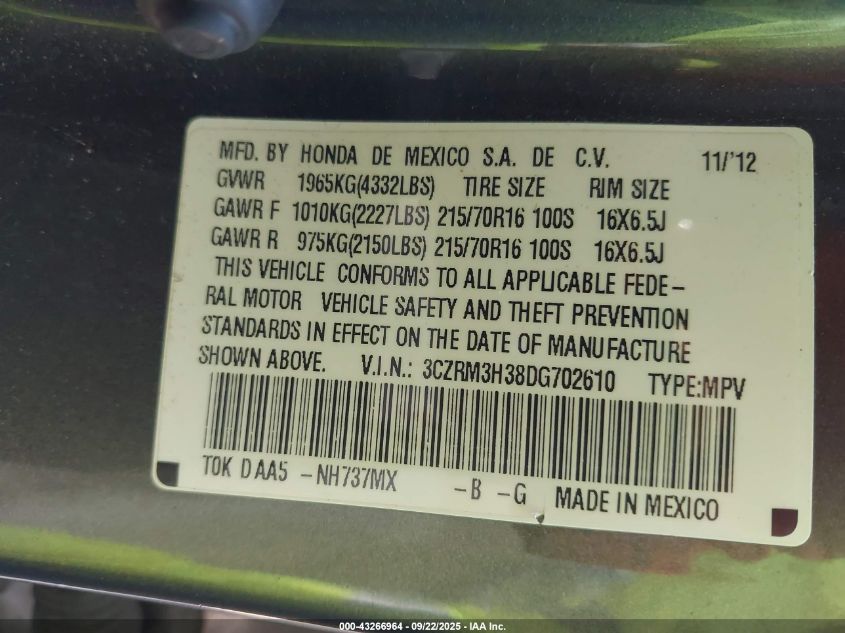 2013 Honda Cr-V Lx VIN: 3CZRM3H38DG702610 Lot: 43266964