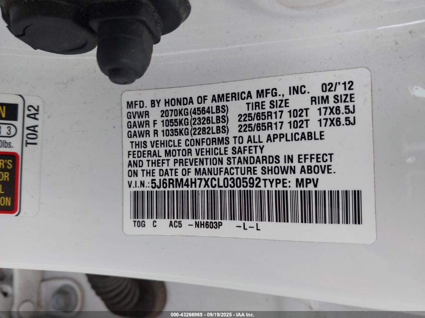 2012 Honda Cr-V Ex-L VIN: 5J6RM4H7XCL030592 Lot: 43266969