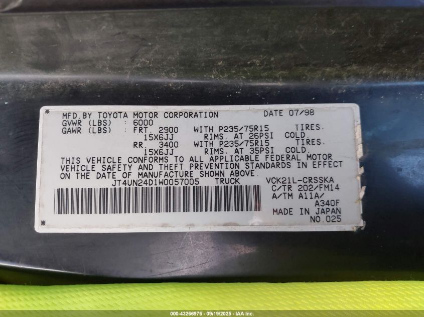 1998 Toyota T100 Sr5 V6 VIN: JT4UN24D1W0057005 Lot: 43266976