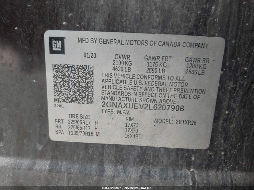 2020 Chevrolet Equinox Awd Lt 1.5L Turbo VIN: 2GNAXUEV2L6207908 Lot: 43266977