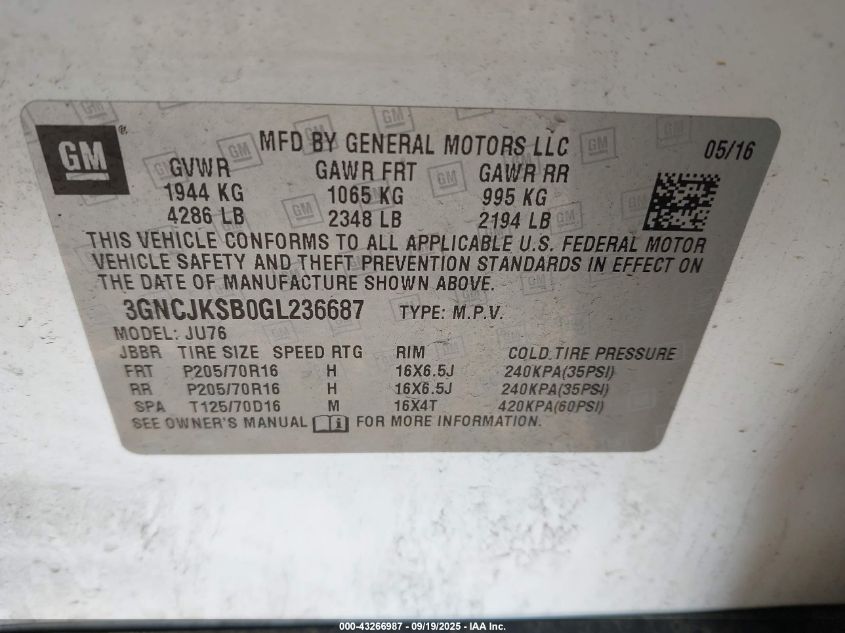 2016 Chevrolet Trax 1Ls VIN: 3GNCJKSB0GL236687 Lot: 43266987