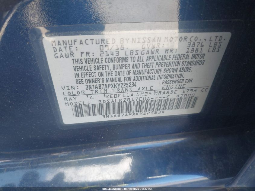 2019 Nissan Sentra Sr VIN: 3N1AB7APXKY225234 Lot: 43266989