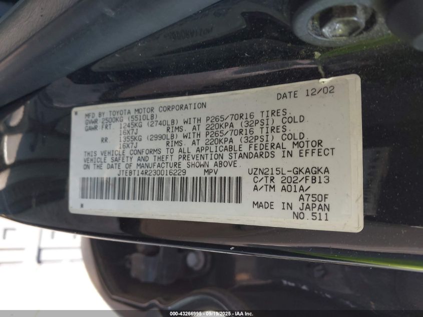 2003 Toyota 4Runner Sr5 Sport V8 VIN: JTEBT14R230016229 Lot: 43266995