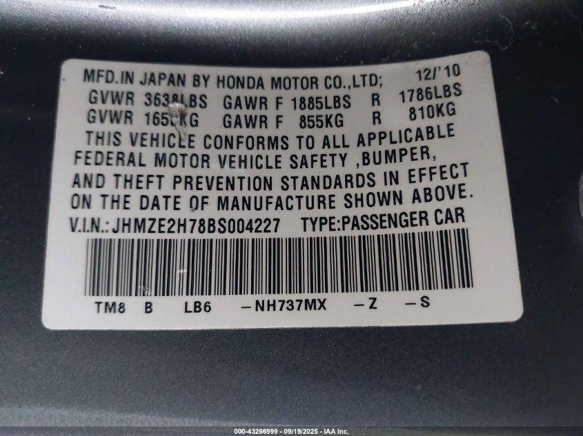 2011 Honda Insight Ex VIN: JHMZE2H78BS004227 Lot: 43266999