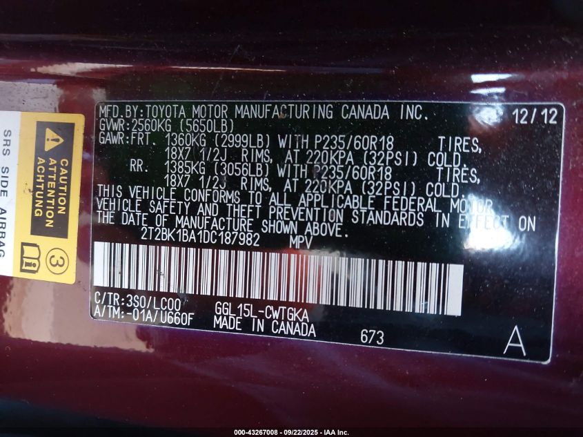 2013 Lexus Rx 350 VIN: 2T2BK1BA1DC187982 Lot: 43267008