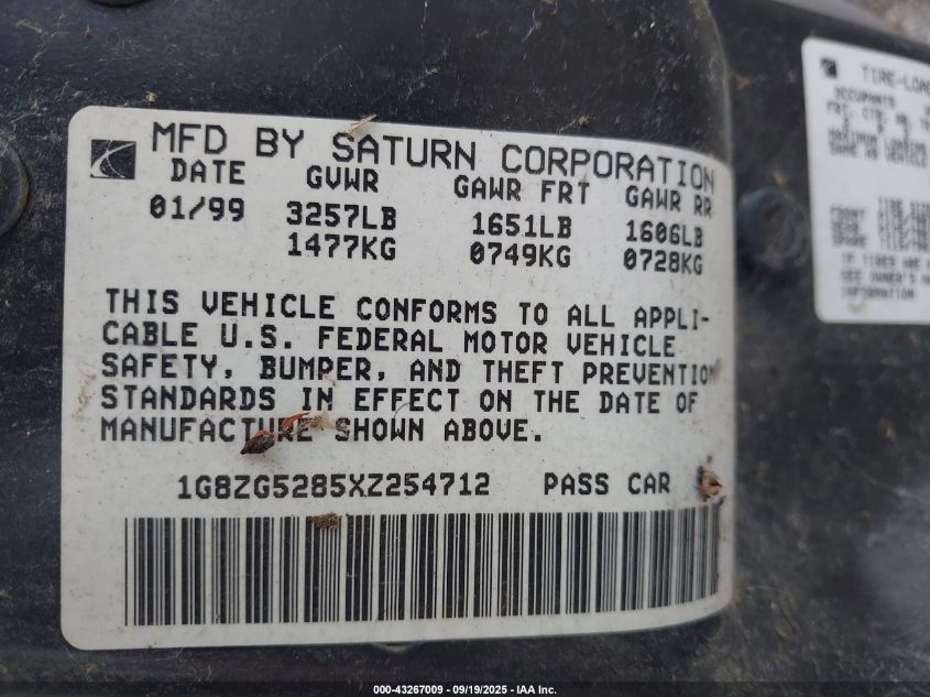 1999 Saturn Sl1 VIN: 1G8ZG5285XZ254712 Lot: 43267009