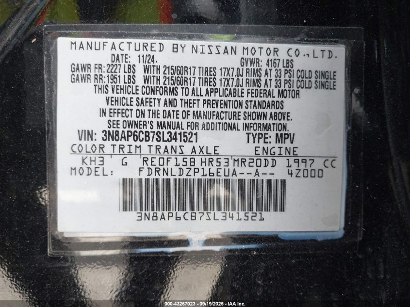 2025 Nissan Kicks Sv Intelligent Awd VIN: 3N8AP6CB7SL341521 Lot: 43267023