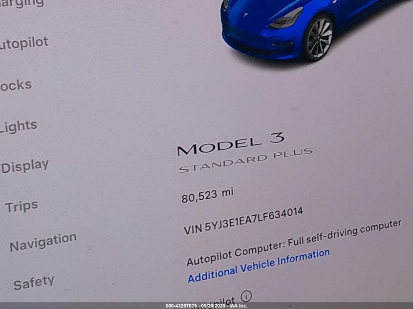 2020 Tesla Model 3 Standard Range Plus Rear-Wheel Drive/Standard Range Rear-Wheel Drive VIN: 5YJ3E1EA7LF634014 Lot: 43267025