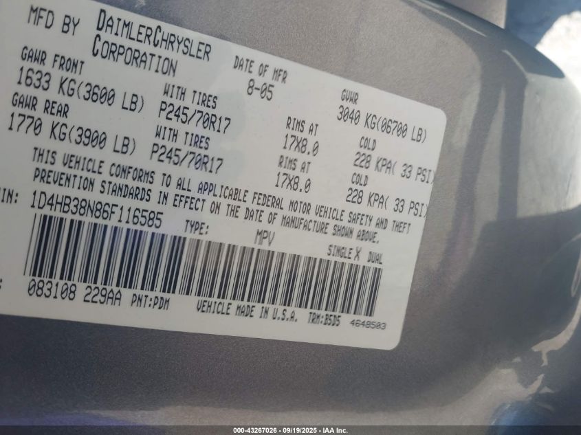 2006 Dodge Durango Sxt VIN: 1D4HB38N86F116585 Lot: 43267026