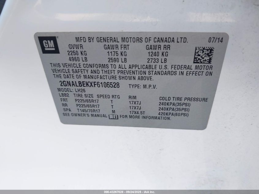 2015 Chevrolet Equinox 1Lt VIN: 2GNALBEKXF6106528 Lot: 43267028