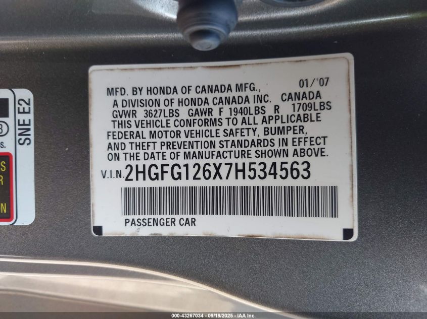 2007 Honda Civic Lx VIN: 2HGFG126X7H534563 Lot: 43267034