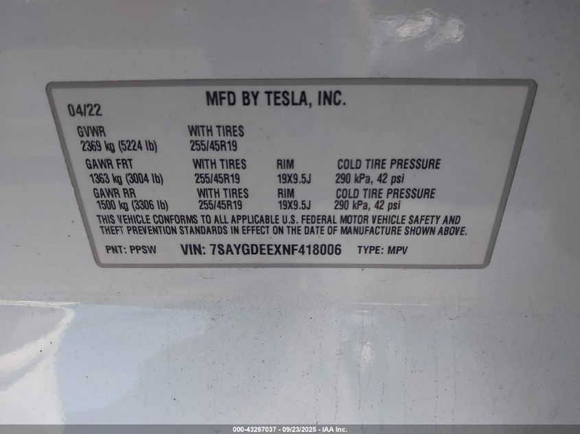 2022 Tesla Model Y Long Range Dual Motor All-Wheel Drive VIN: 7SAYGDEEXNF418006 Lot: 43267037