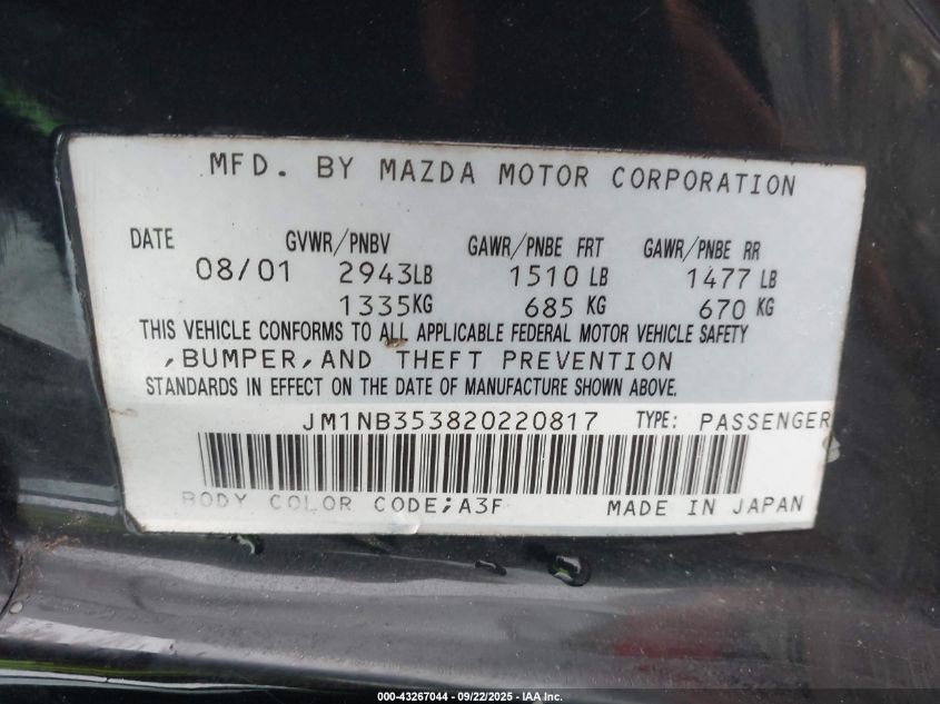 2002 Mazda Mx-5 Miata Ls VIN: JM1NB353820220817 Lot: 43267044