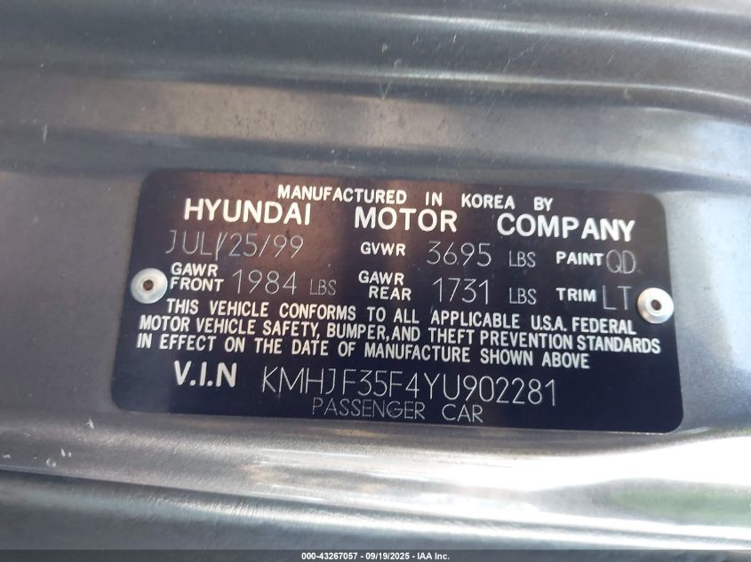 2000 Hyundai Elantra Gls VIN: KMHJF35F4YU902281 Lot: 43267057