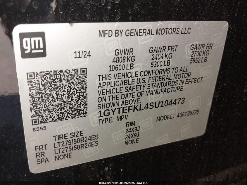 2025 Cadillac Escalade Iq Sport 2 Awd VIN: 1GYTEFKL4SU104473 Lot: 43267082