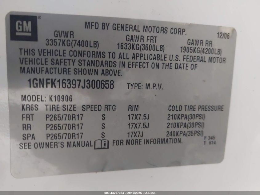 2007 Chevrolet Suburban 1500 Lt VIN: 1GNFK16397J300658 Lot: 43267084