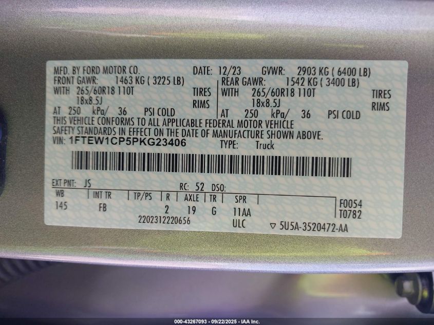 2023 Ford F-150 Xlt VIN: 1FTEW1CP5PKG23406 Lot: 43267093