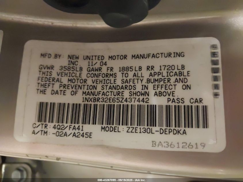 2005 Toyota Corolla Ce VIN: 1NXBR32E65Z437442 Lot: 43267099