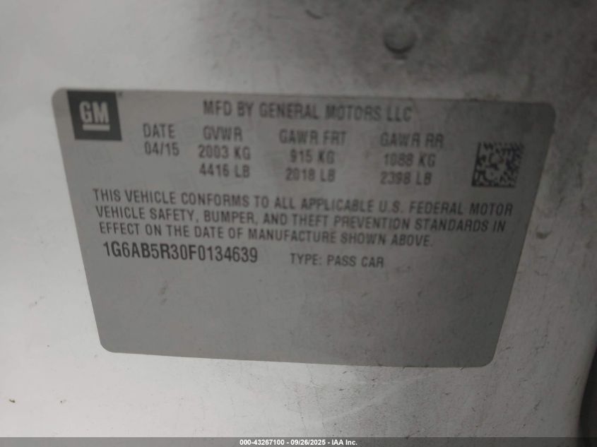 2015 Cadillac Ats Luxury VIN: 1G6AB5R30F0134639 Lot: 43267100