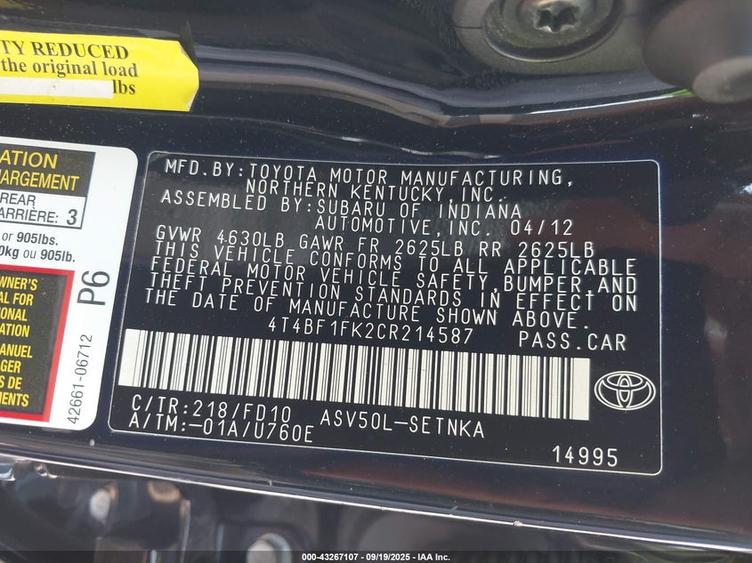 2012 Toyota Camry Le VIN: 4T4BF1FK2CR214587 Lot: 43267107