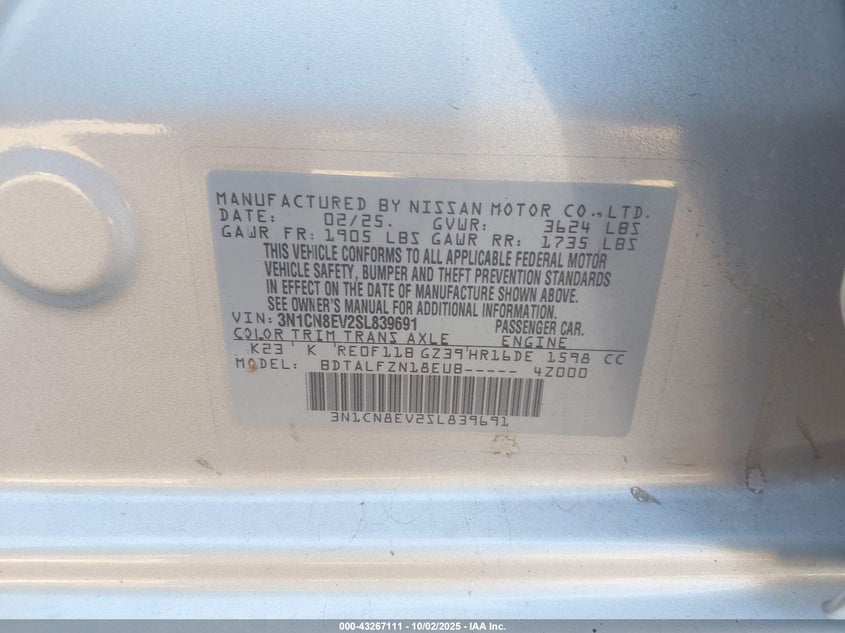 2025 NISSAN VERSA 1.6 SV - 3N1CN8EV2SL839691