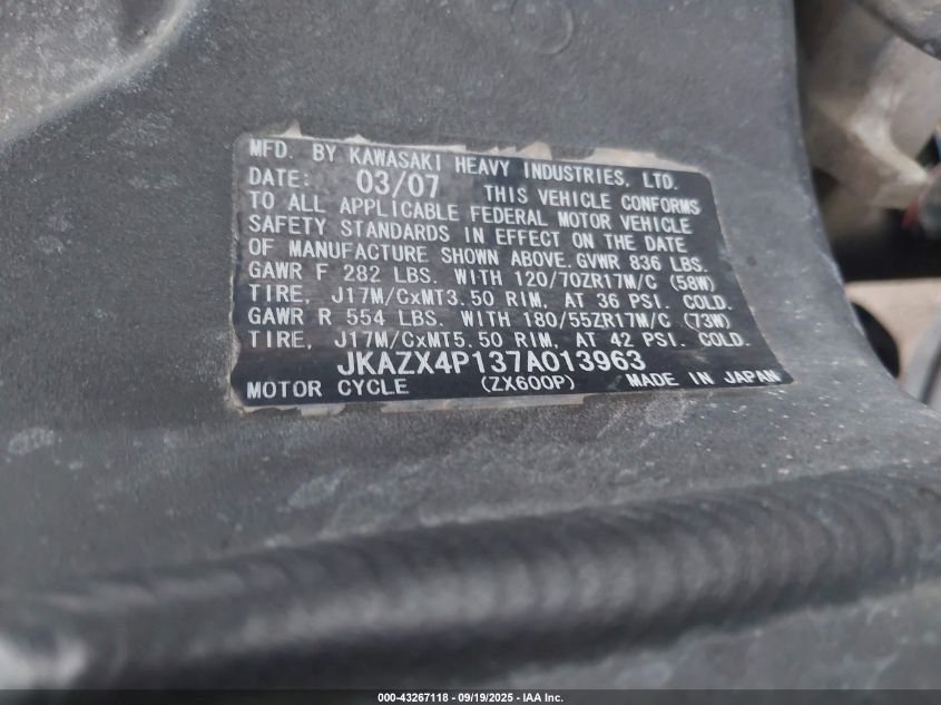 2007 Kawasaki Zx600 P VIN: JKAZX4P137A013963 Lot: 43267118
