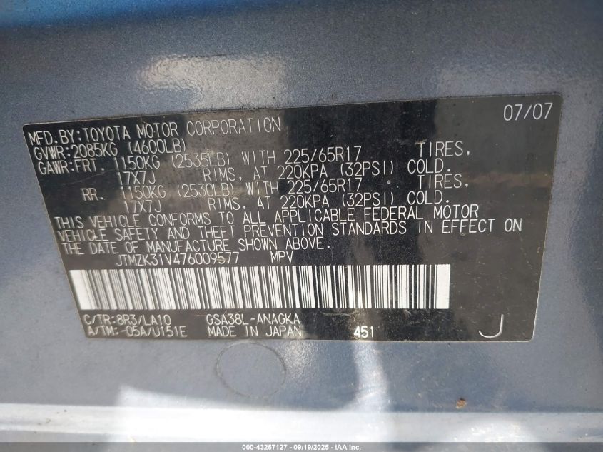 2007 Toyota Rav4 Limited V6 VIN: JTMZK31V476009577 Lot: 43267127