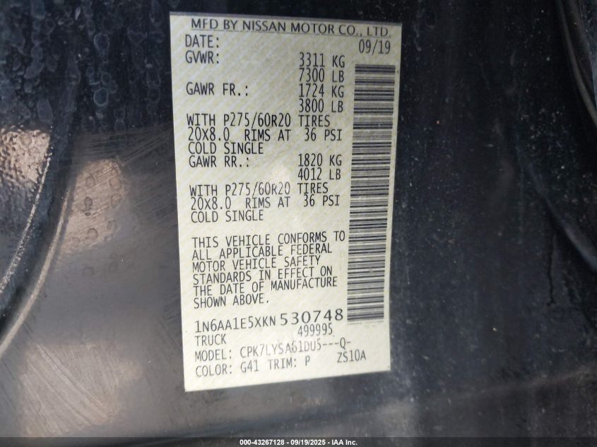 2019 Nissan Titan Platinum Reserve VIN: 1N6AA1E5XKN530748 Lot: 43267128