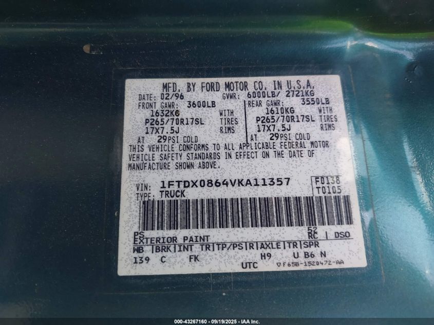 1997 Ford F-150 Lariat/Xl/Xlt VIN: 1FTDX0864VKA11357 Lot: 43267160