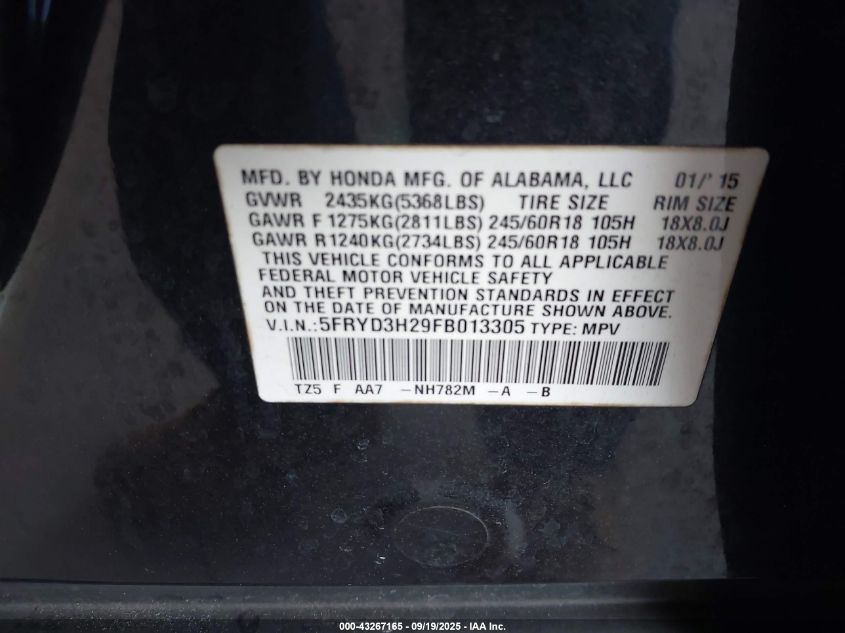 2015 Acura Mdx VIN: 5FRYD3H29FB013305 Lot: 43267165