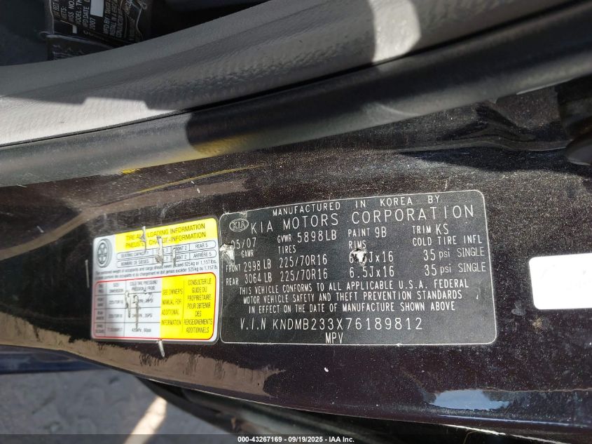 2007 Kia Sedona Lx VIN: KNDMB233X76189812 Lot: 43267169