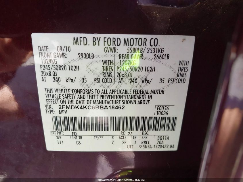 2011 Ford Edge Limited VIN: 2FMDK4KC6BBA18462 Lot: 43267171