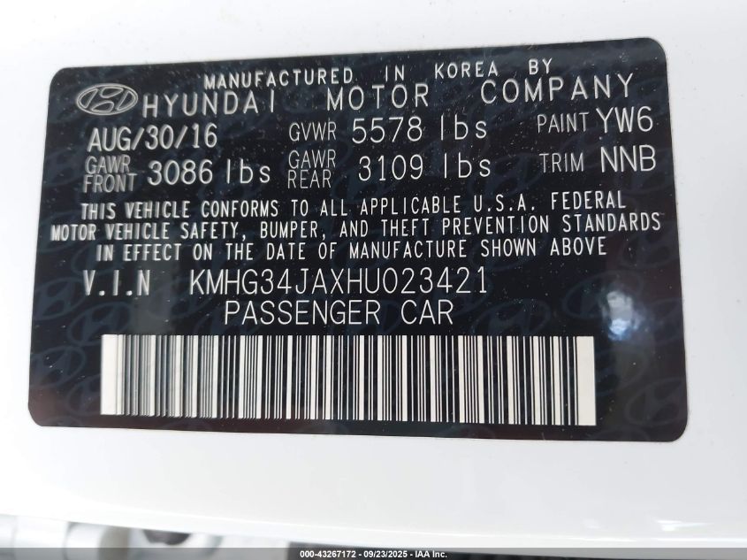 2017 Genesis G90 3.3T Premium VIN: KMHG34JAXHU023421 Lot: 43267172