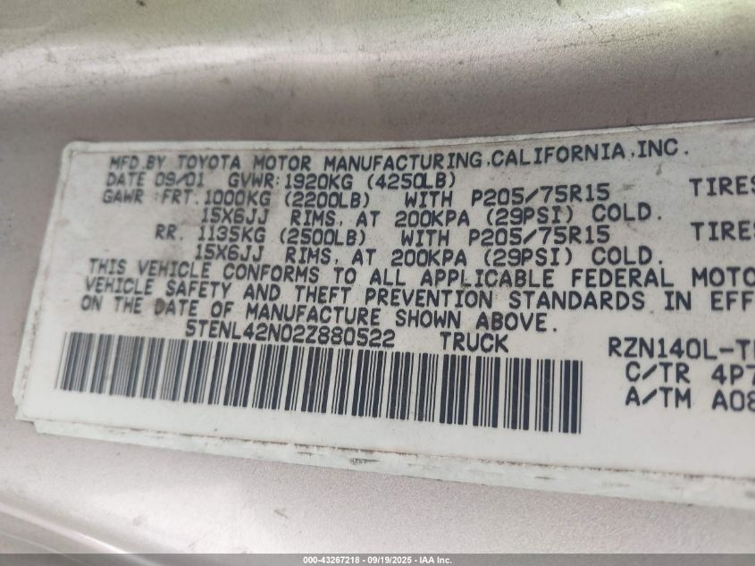 2002 Toyota Tacoma VIN: 5TENL42N02Z880522 Lot: 43267218