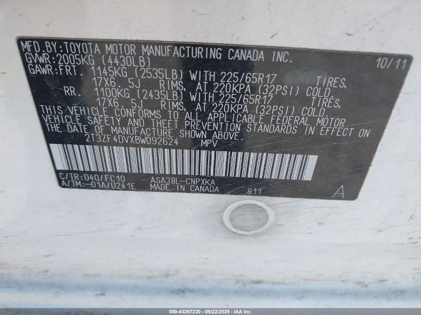 2011 Toyota Rav4 VIN: 2T3ZF4DVXBW092624 Lot: 43267230