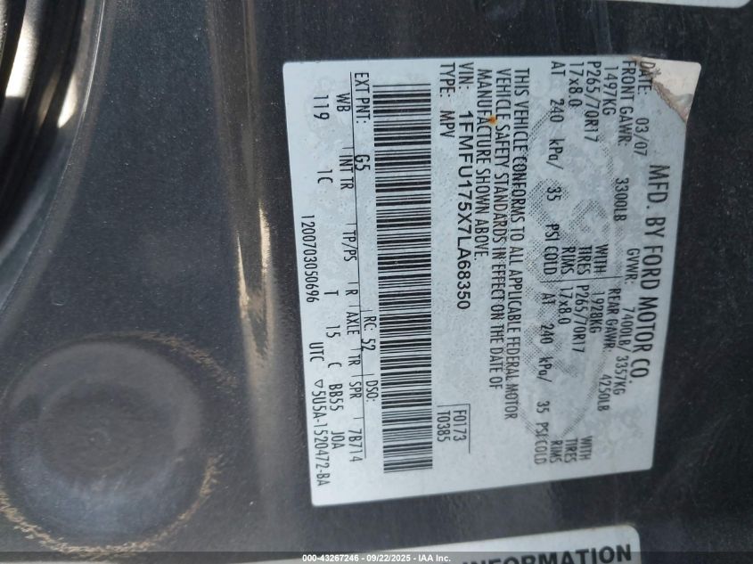 2007 Ford Expedition Eddie Bauer VIN: 1FMFU175X7LA68350 Lot: 43267246