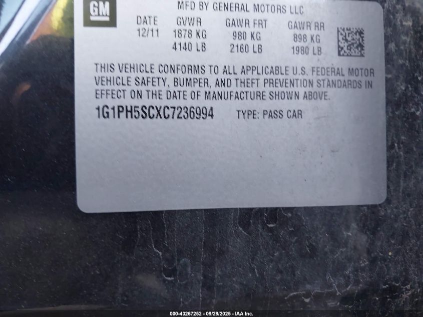 2012 Chevrolet Cruze Ltz VIN: 1G1PH5SCXC7236994 Lot: 43267252