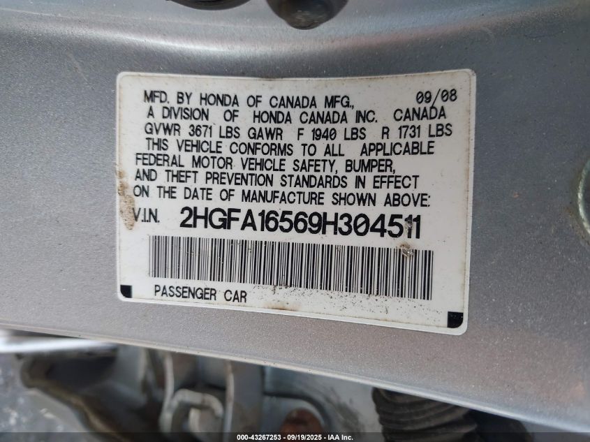 2009 Honda Civic Lx VIN: 2HGFA16569H304511 Lot: 43267253