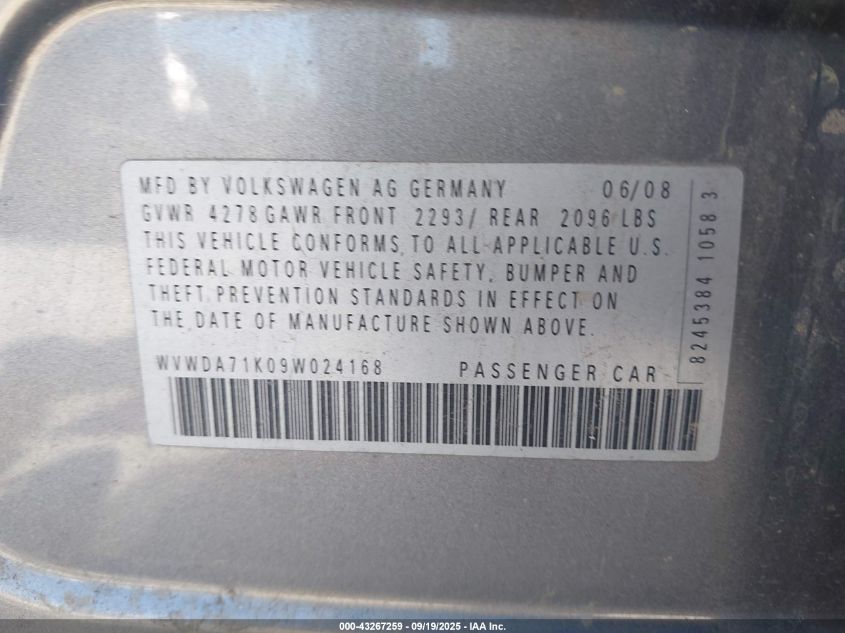 2009 Volkswagen Rabbit S VIN: WVWDA71K09W024168 Lot: 43267259
