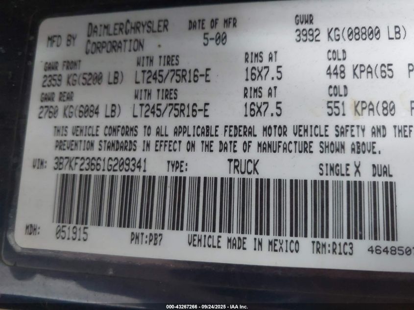 2001 Dodge Ram 2500 St VIN: 3B7KF23661G209341 Lot: 43267266