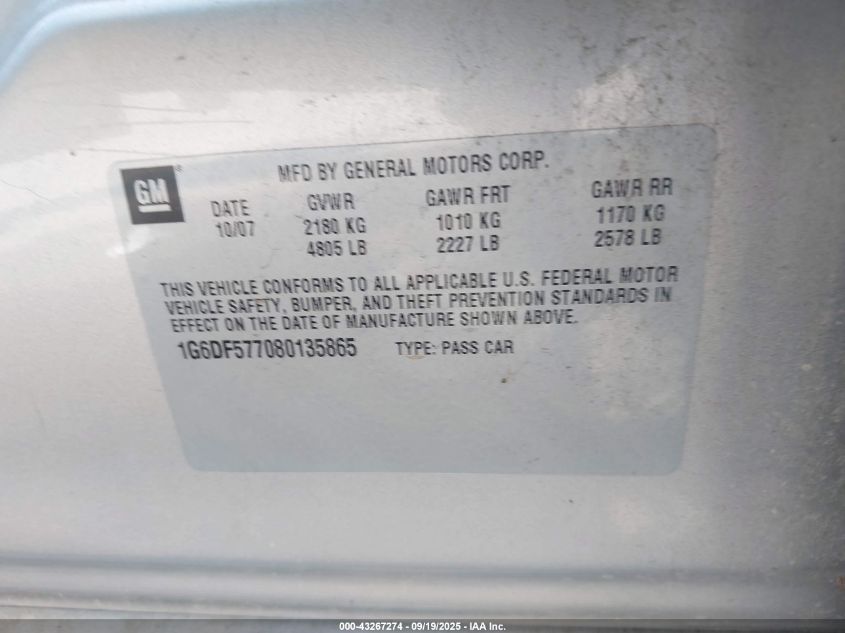 2008 Cadillac Cts Standard VIN: 1G6DF577080135865 Lot: 43267274