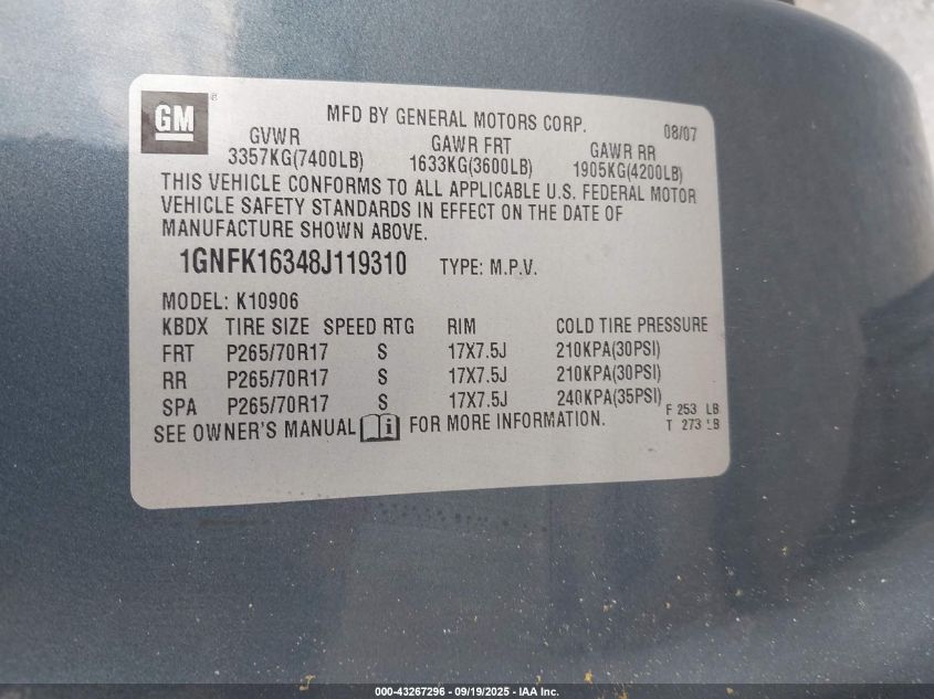 2008 Chevrolet Suburban 1500 Lt VIN: 1GNFK16348J119310 Lot: 43267296